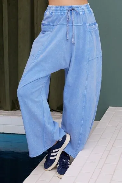 Mineral Wash Elastic Waist Baarrel Leg Pants