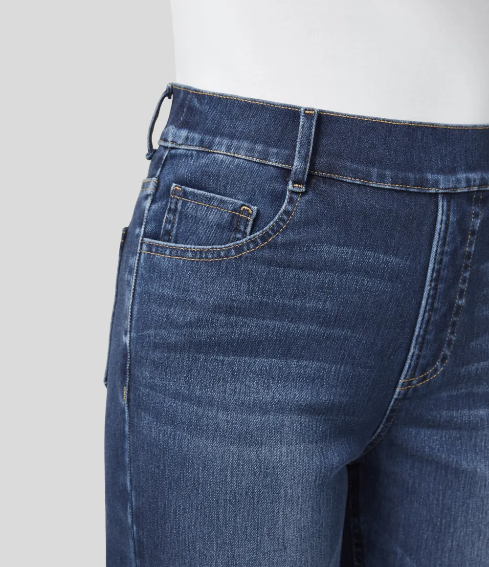 Magic High Waisted Multiple Pockets Straight Leg Washed Stretchy Knit Casual Jeans