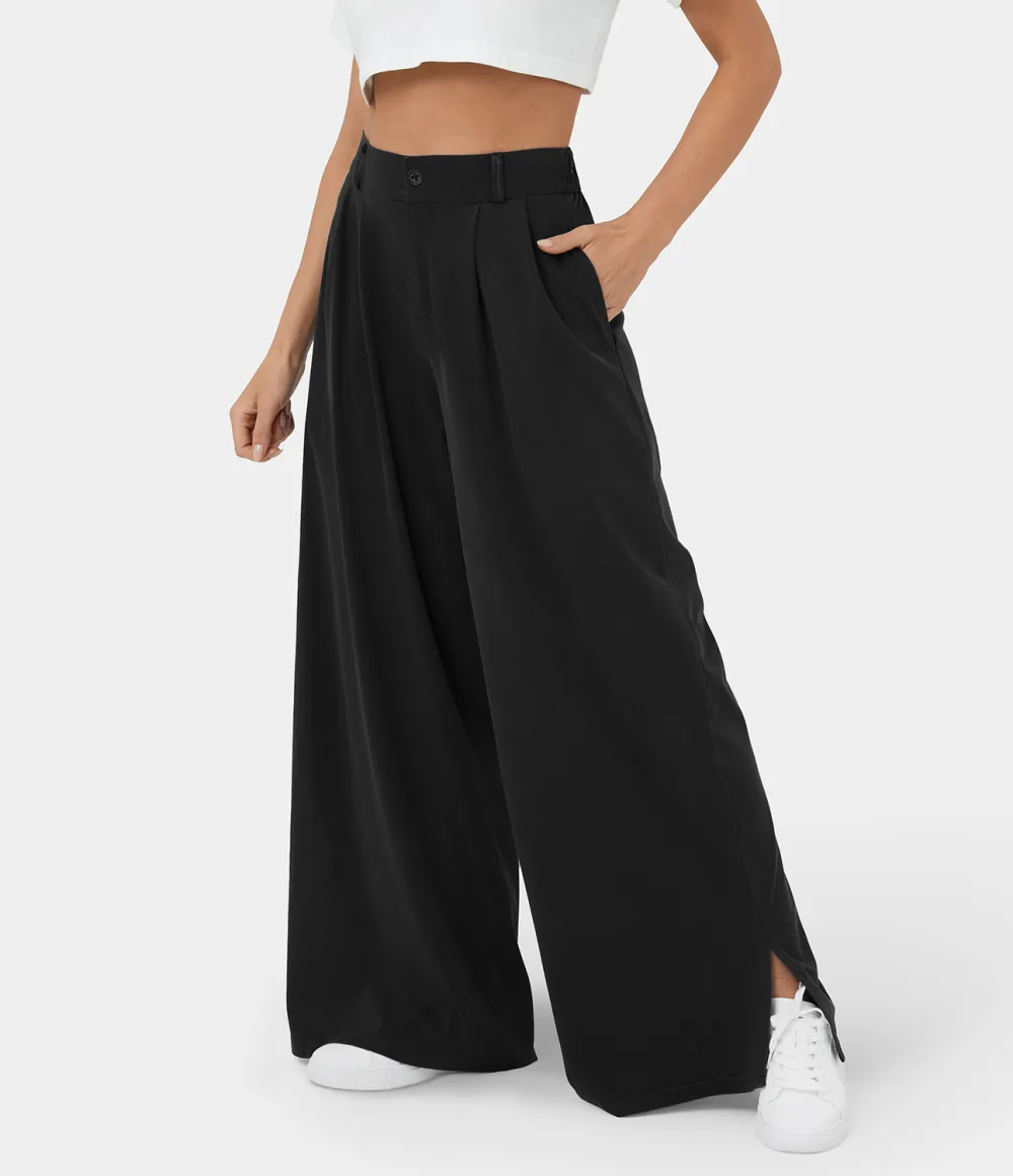 High Waisted Button Zipper Plicated Side Pocket Split Hem Wide Leg Casual Pants