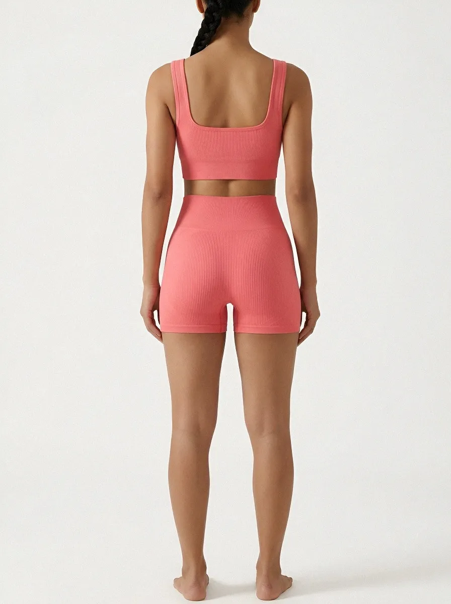 Dynamic Ribbed Texture Seamless Design Style Women's Tank Top And Sports Shorts Set