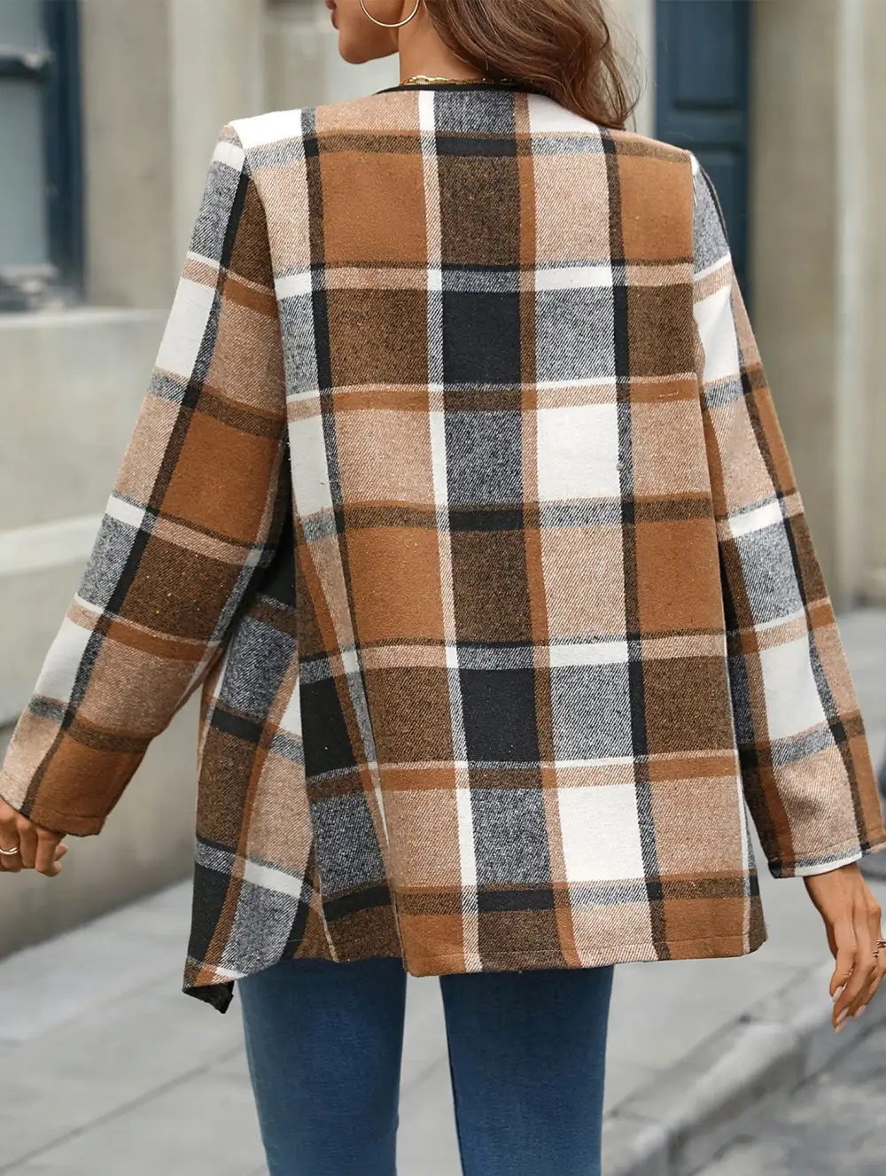 Plaid Long Sleeve Open Front Top