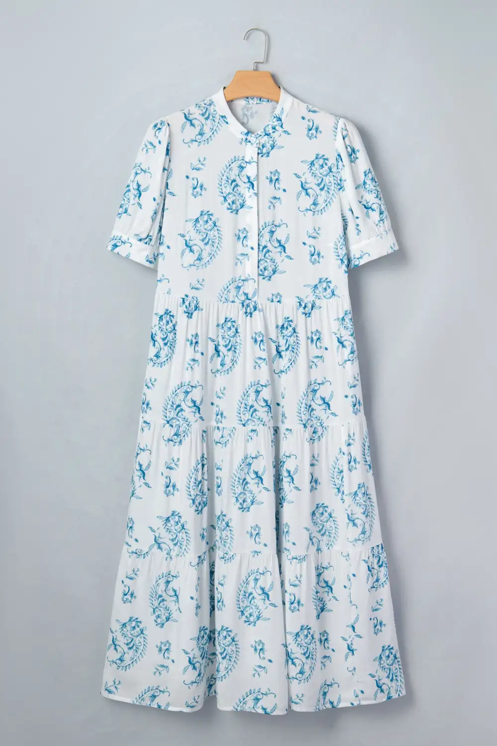 Classic Plus Fit Geometric Floral Print Button Split Neck Short Sleeve Maxi Dress