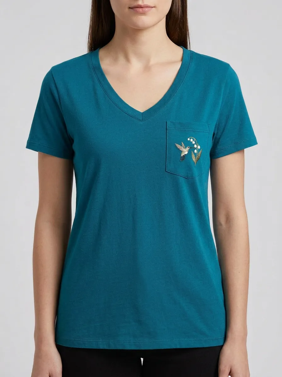 Women's Nature-Inspired Hummingbird & Lily-of-the-Valley Embroidered Pocket V-Neck T-Shirt