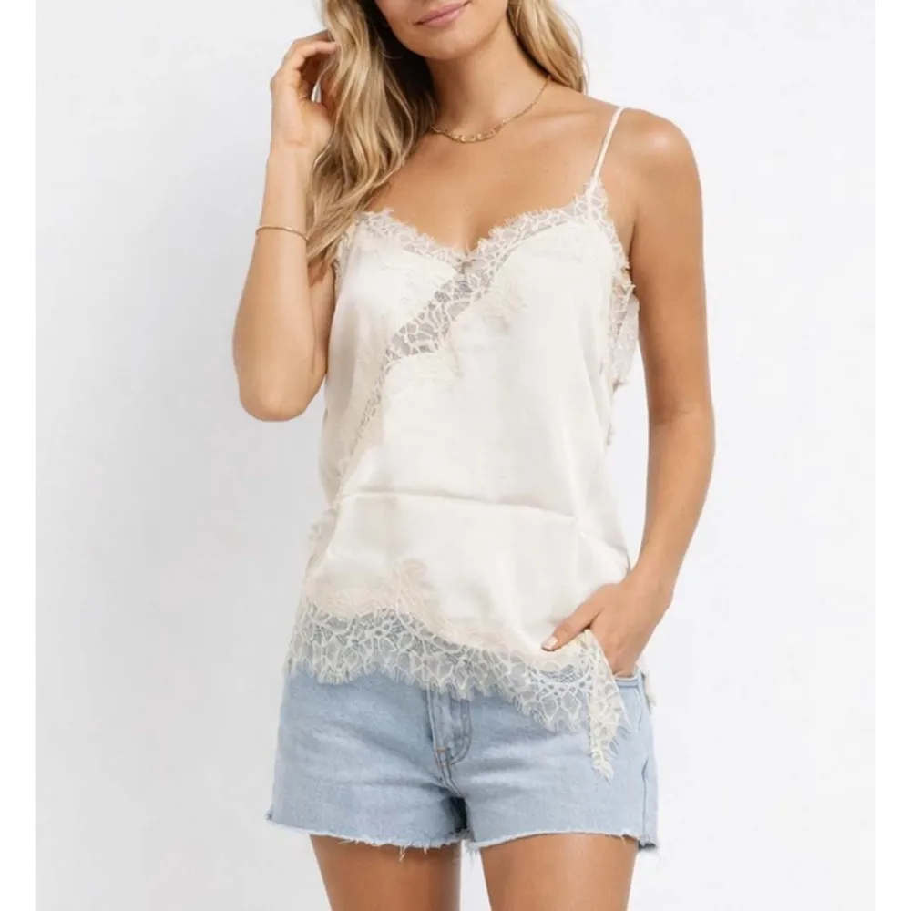Satin Lace Trim V Neck Irregular Hem Cami Top