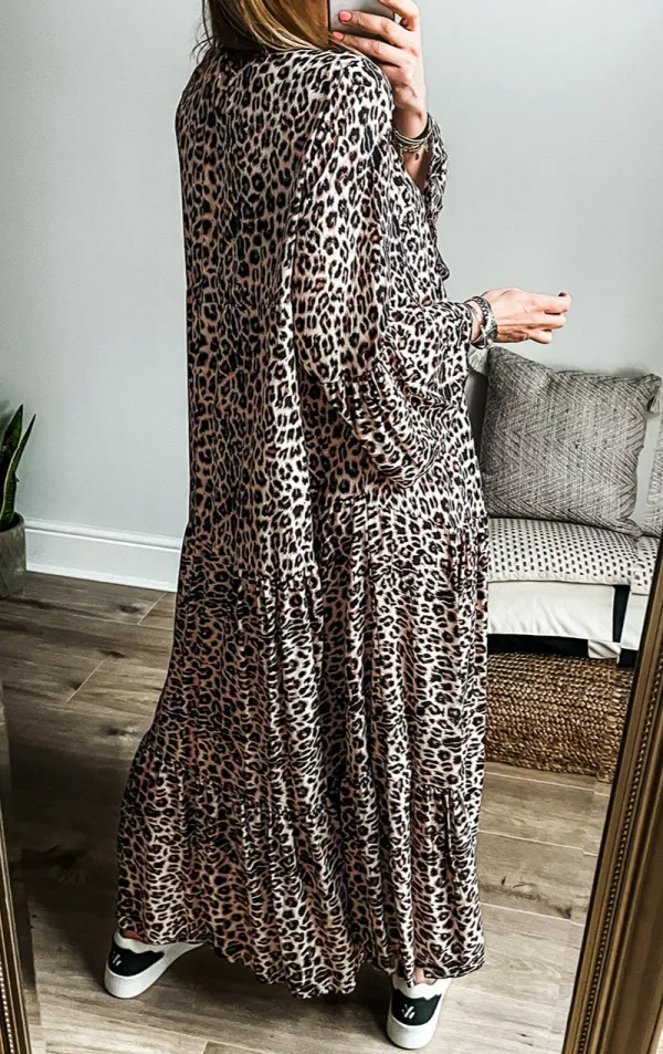 Leopard Print Tiered Wide Sleeve Maxi Dress