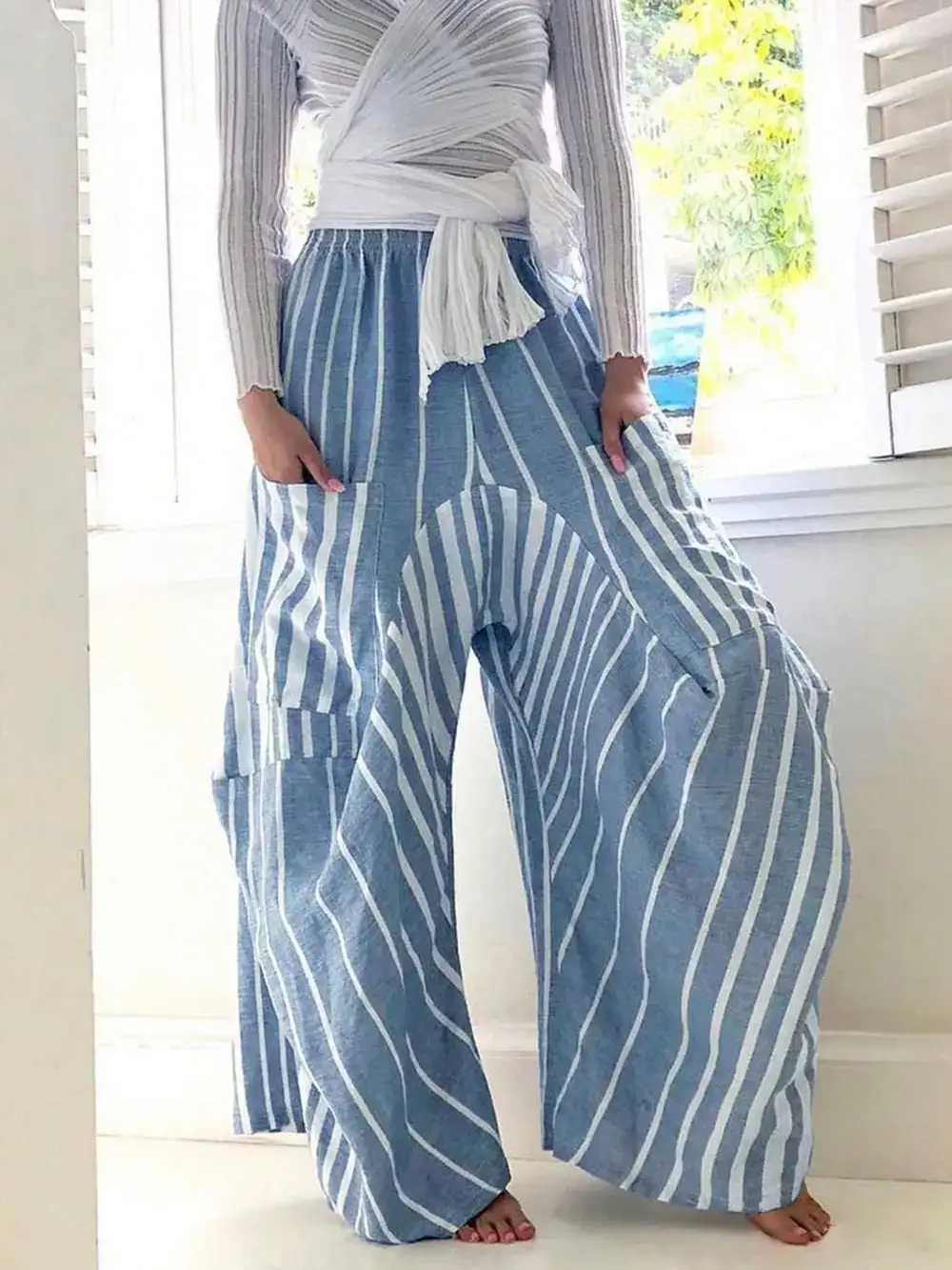 Wide Leg Elastic Waist Striped Pocketed Pants