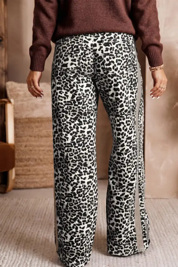 Women's Leopard Print Drawstring Waist Straight Leg Jeans
