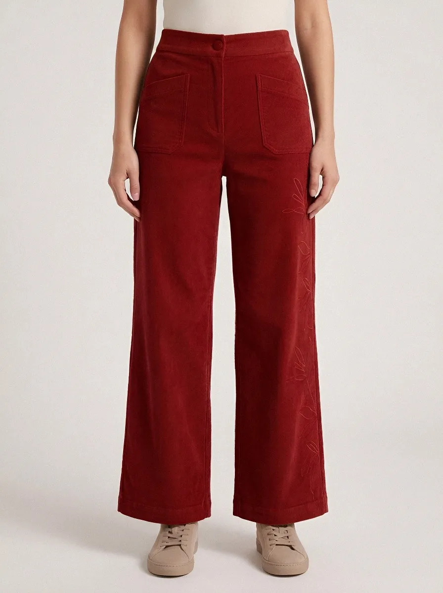 Women's Floral Embroidery Brown Corduroy Wide Leg Pants