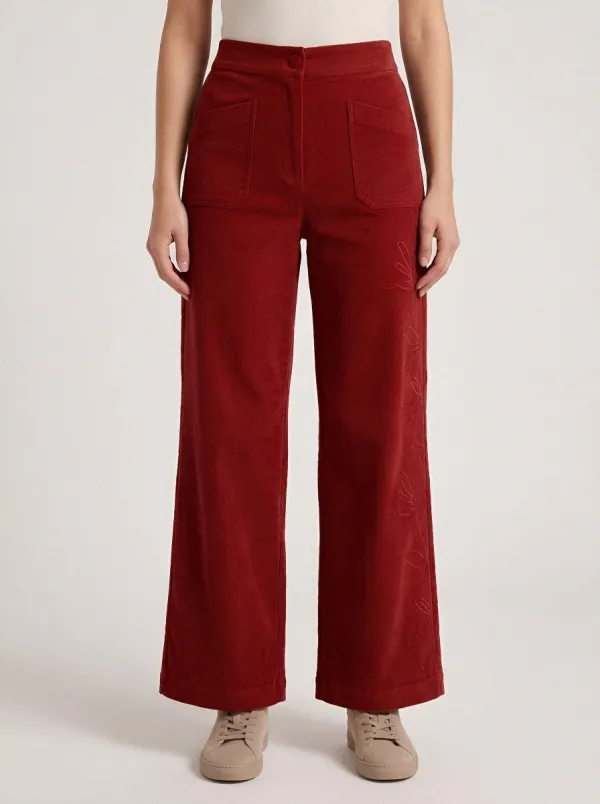 Women's Floral Embroidery Brown Corduroy Wide Leg Pants