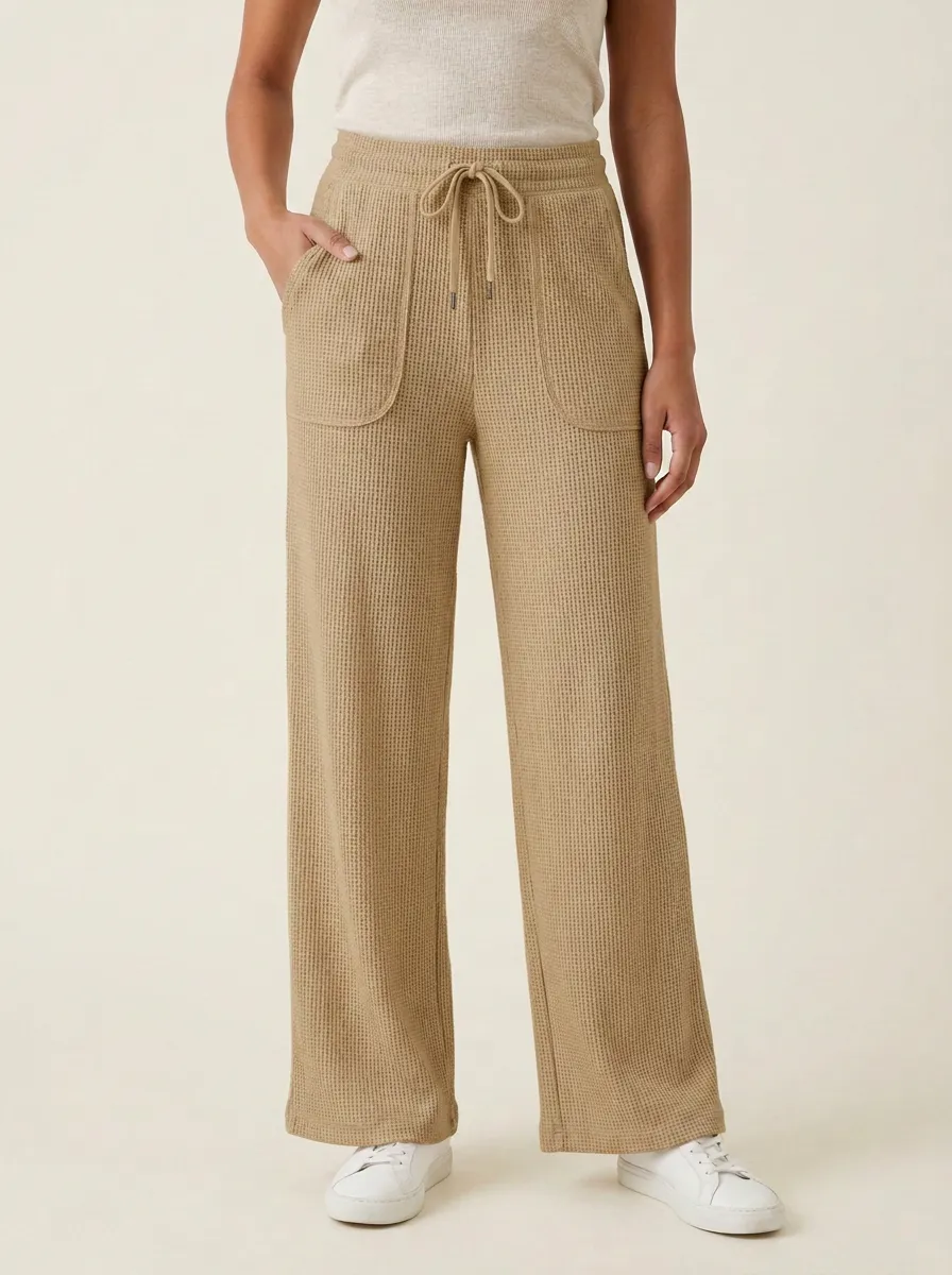 Women's Casual Beige Waffle Knit Drawstring Wide Leg Pants
