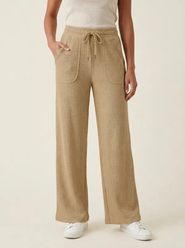 Women's Casual Beige Waffle Knit Drawstring Wide Leg Pants