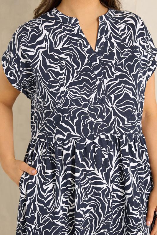 Navy Blue Abstract Print Notch Neck Cotton Midi Dress detail 3
