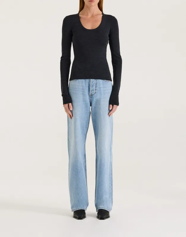Charcoal Merino Scoop Neck Long Sleeve Top