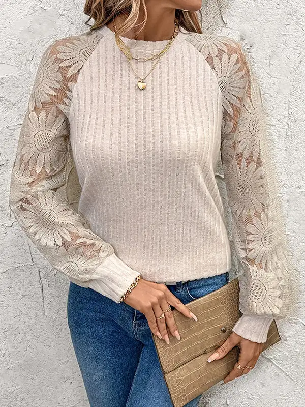 Long Sleeve Relaxed Sheer Panel Detail Round Neck T-Shirt