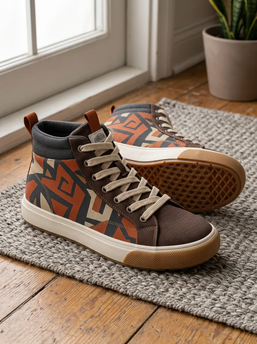 Men's Geometric Pattern Brown Printed Canvas High-Top Shoes