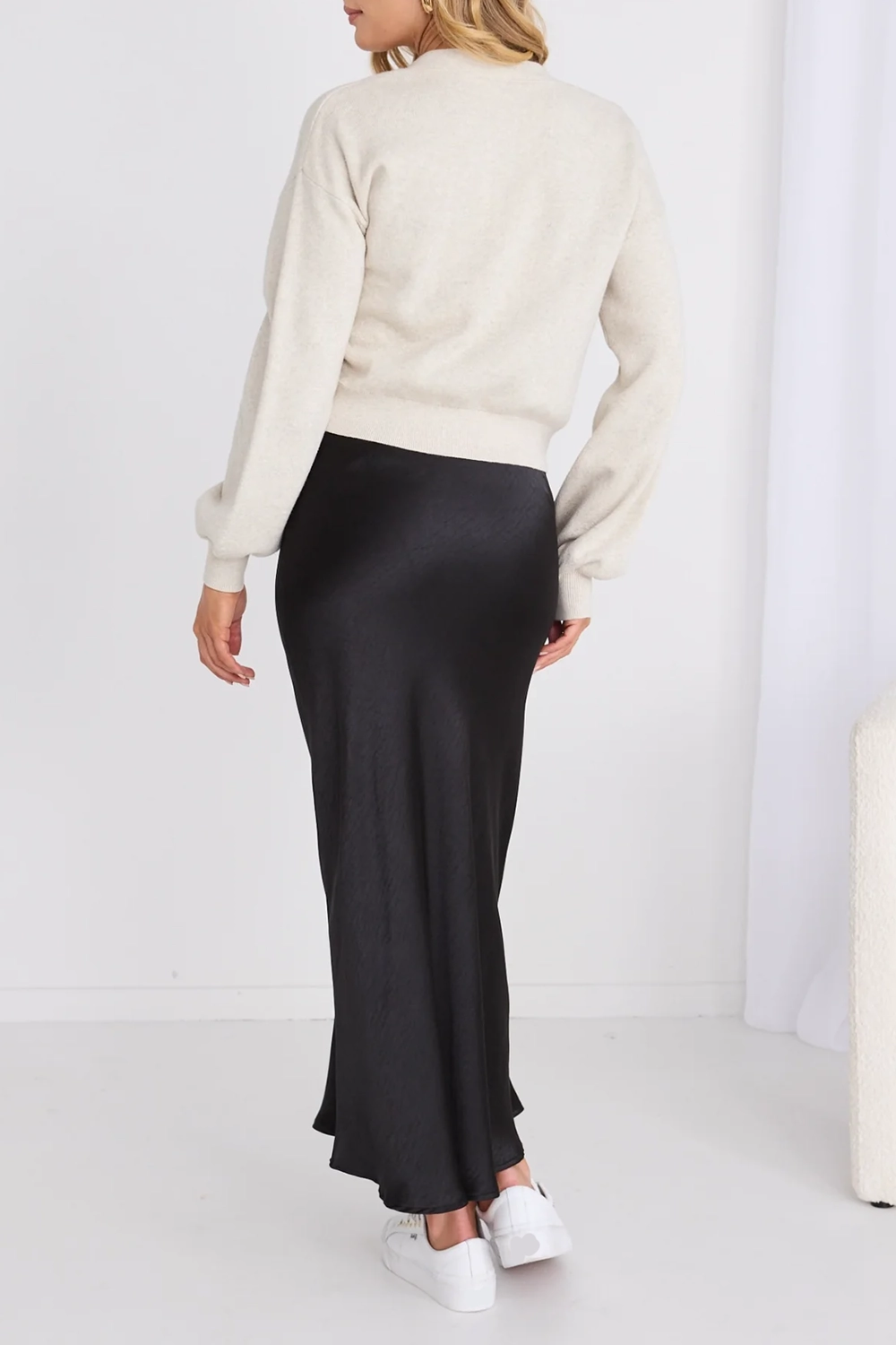 Black Satin Flared Midi Skirt