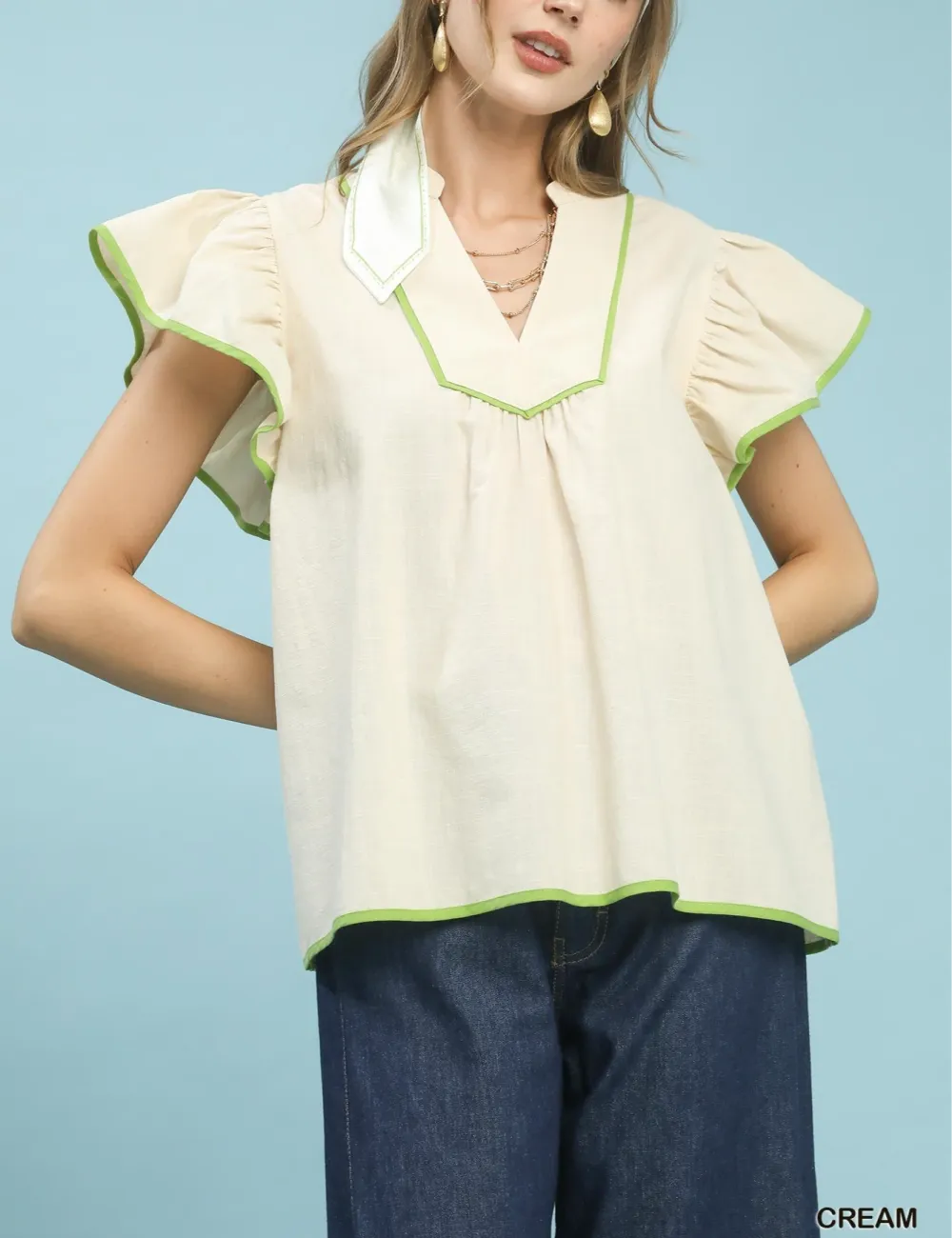 Refined Flutter-Sleeve Babydoll Blouse