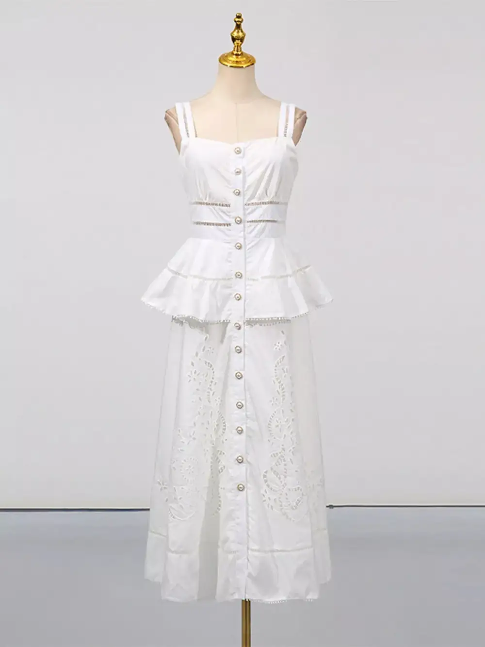 Sleeveless Eyelet Embroidered Button-Down Midi Dress