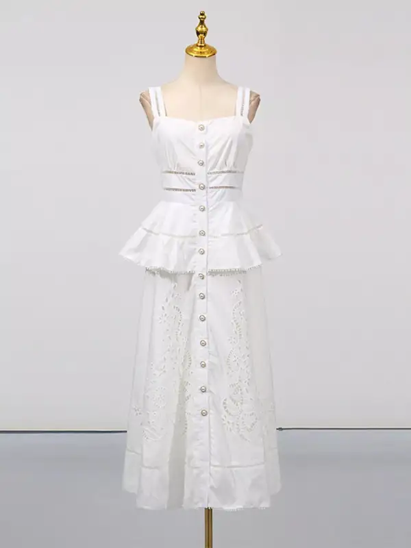 Sleeveless Eyelet Embroidered Button-Down Midi Dress