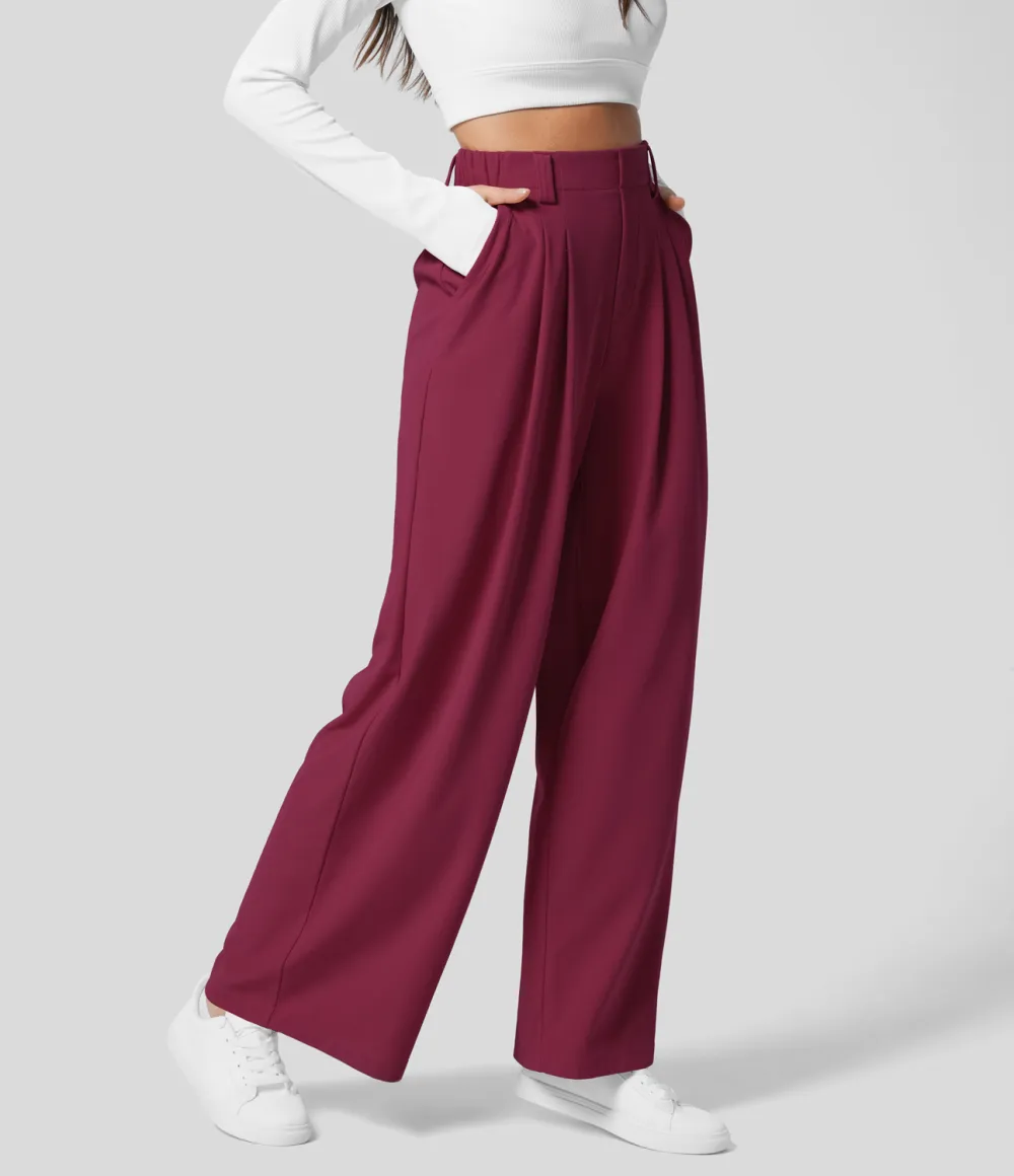 2026🔥  High Waisted Plicated Side Pocket Wide Leg Waffle Work Pants