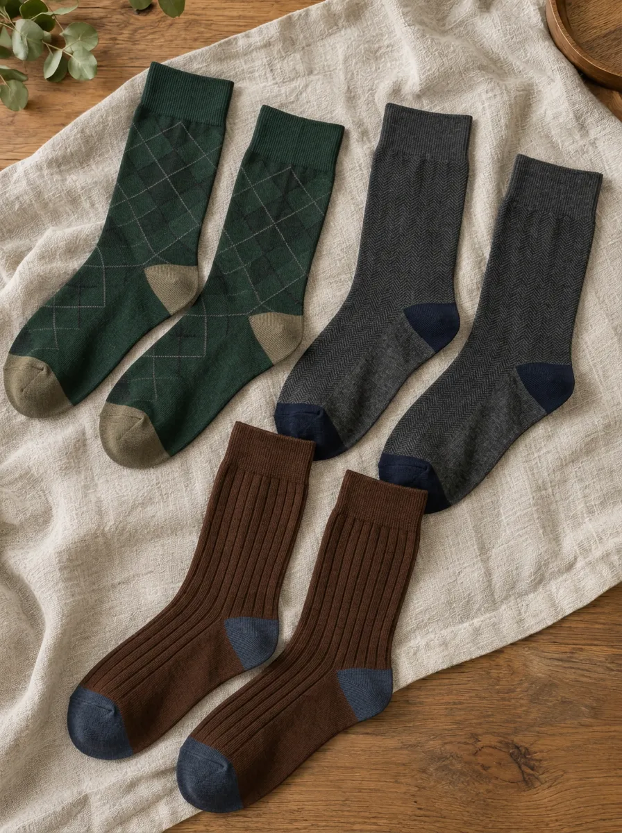 Men's Vintage Style Argyle Herringbone Ribbed Pattern Printed Socks 3-Pack