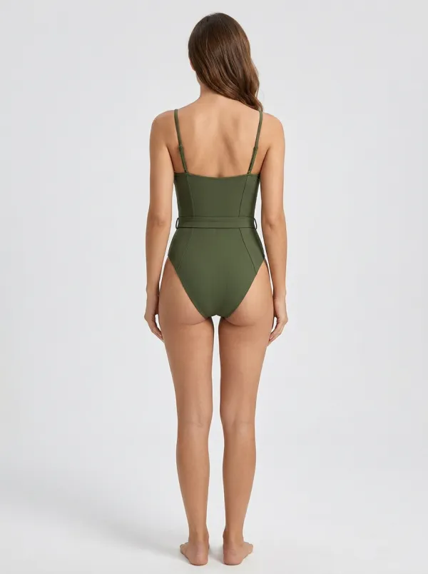Women's Classic Spaghetti-Strap Belted Ribbed One-Piece Swimsuit