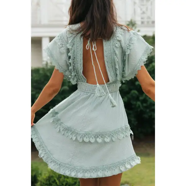 Lace Detail Plunge Short Sleeve Mini Dress
