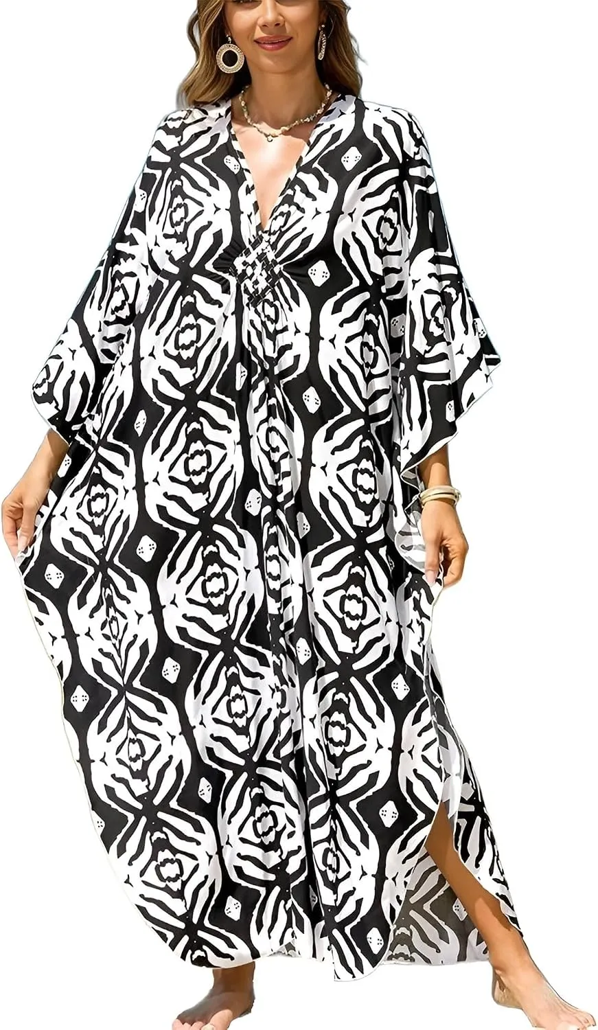 IMAGEKOPE Kaftan Dresses for Women Plus Size V-Neck Moo Moos Batwing Kaftan Beach Dress Bathing Suit Cover-Up Loungewear