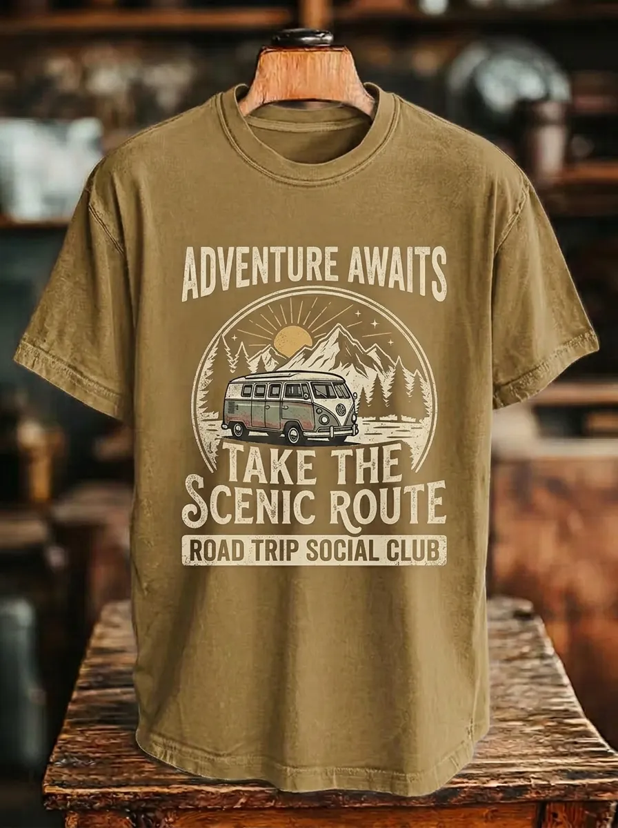 Unisex Road Trip Lover Adventure Van Mountain Printed T-shirt