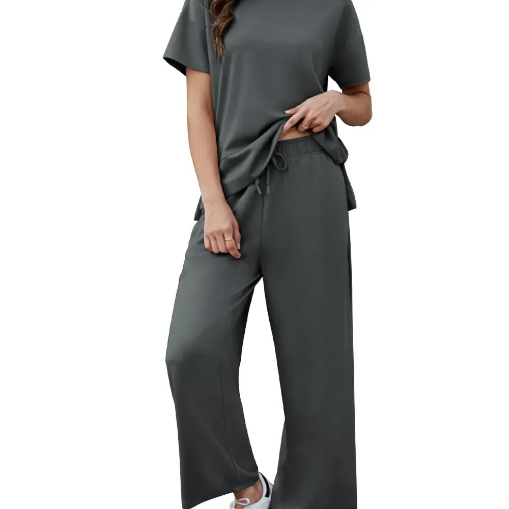PINSPARK Women Summer Lounge Set with Short Sleeve Top & Wide Leg Pants
