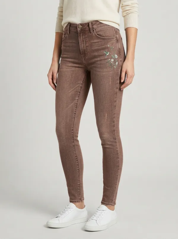 Women's Floral Hummingbird Embroidered Printed Slim Jeans