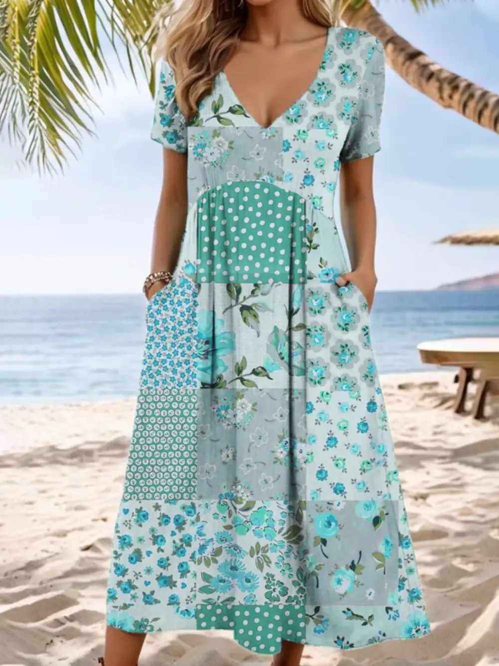 Floral V Neck Midi Dress