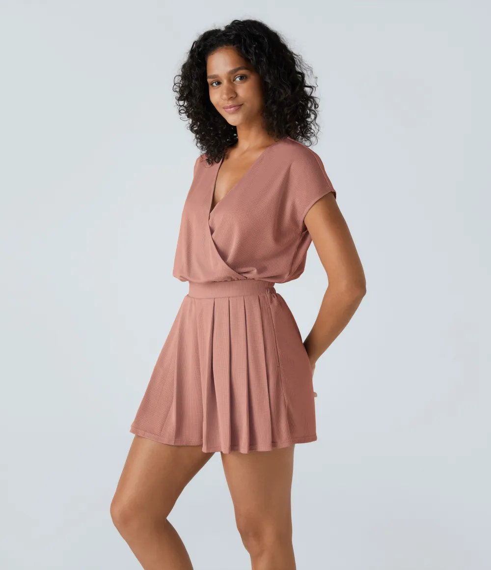 V Neck Short Sleeve Pocket Waffle Casual Romper