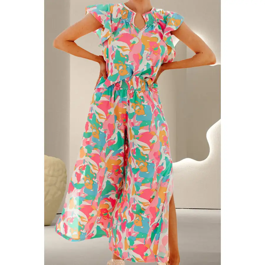 Printed Notched Cap Sleeve Top and Pants Set
