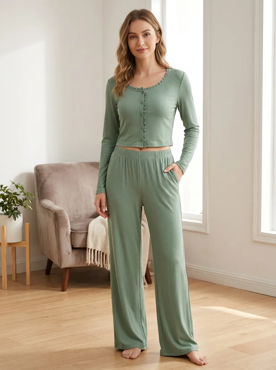 Women's Sage Green Ribbed Ruffle Button-Up Loungewear Set