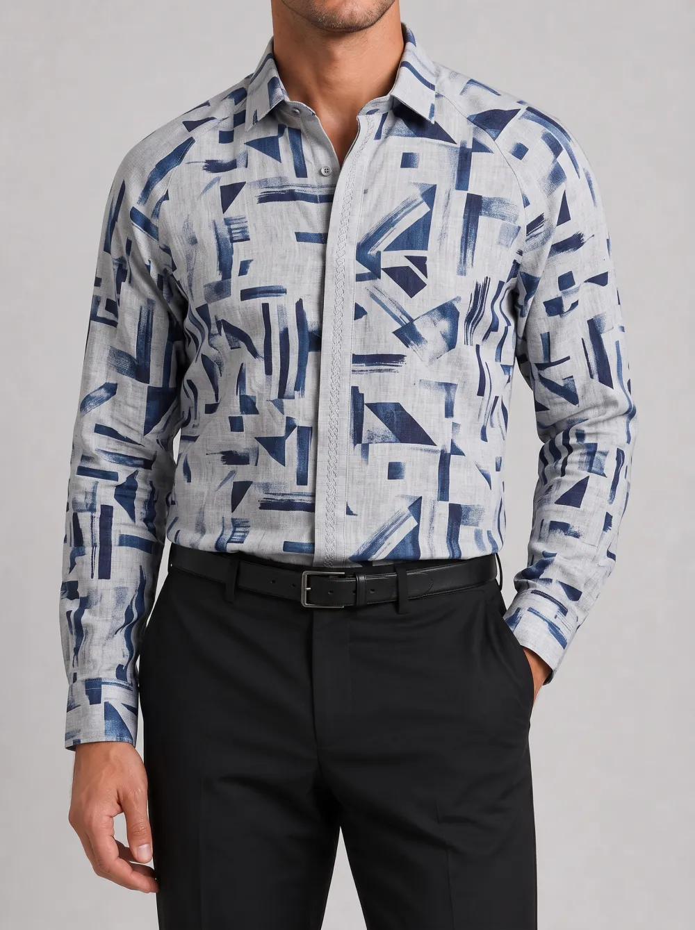 Men's Abstract Geometric Blue Brushstroke Printed Shirt