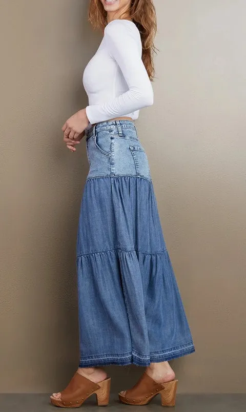 Blue Denim Tiered Ruffle Maxi Skirt