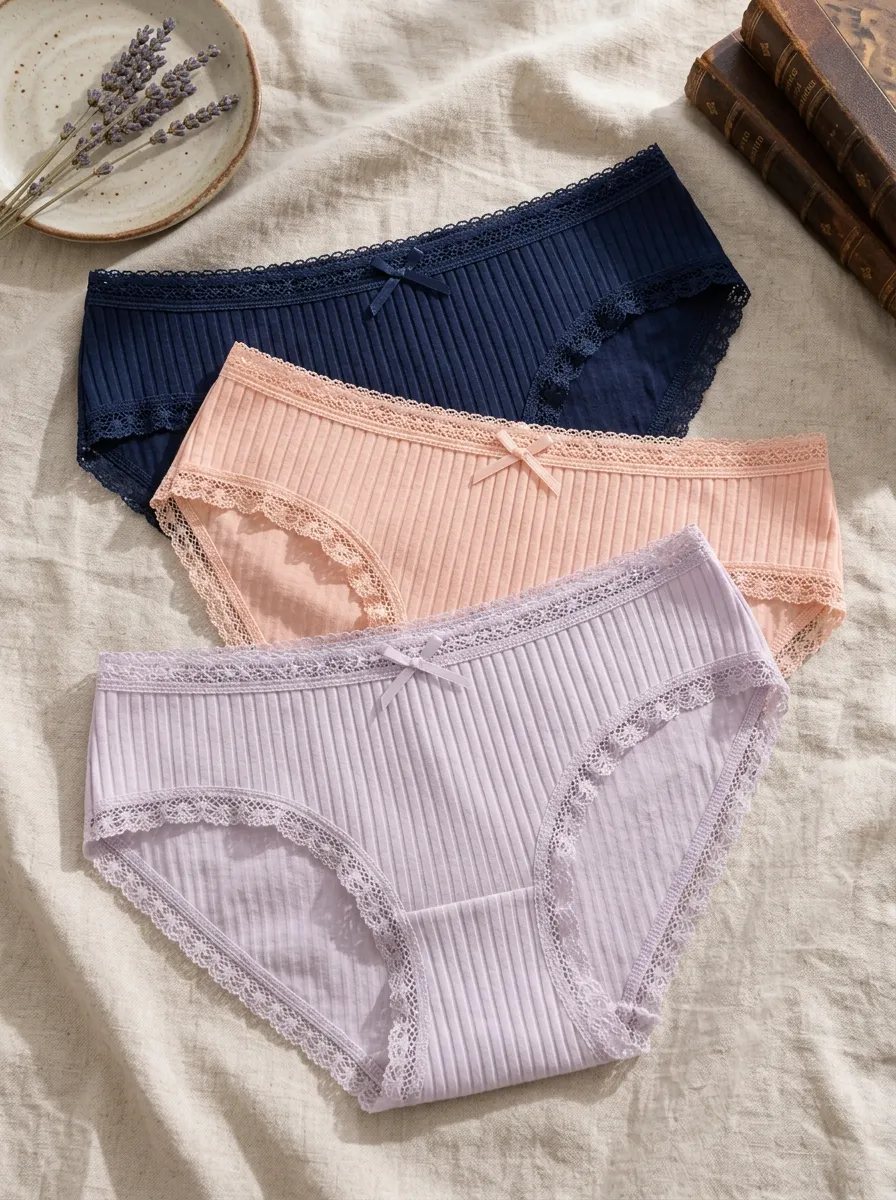 Women's Lace Trim Bow Detail Ribbed 3-Piece Underwear Set