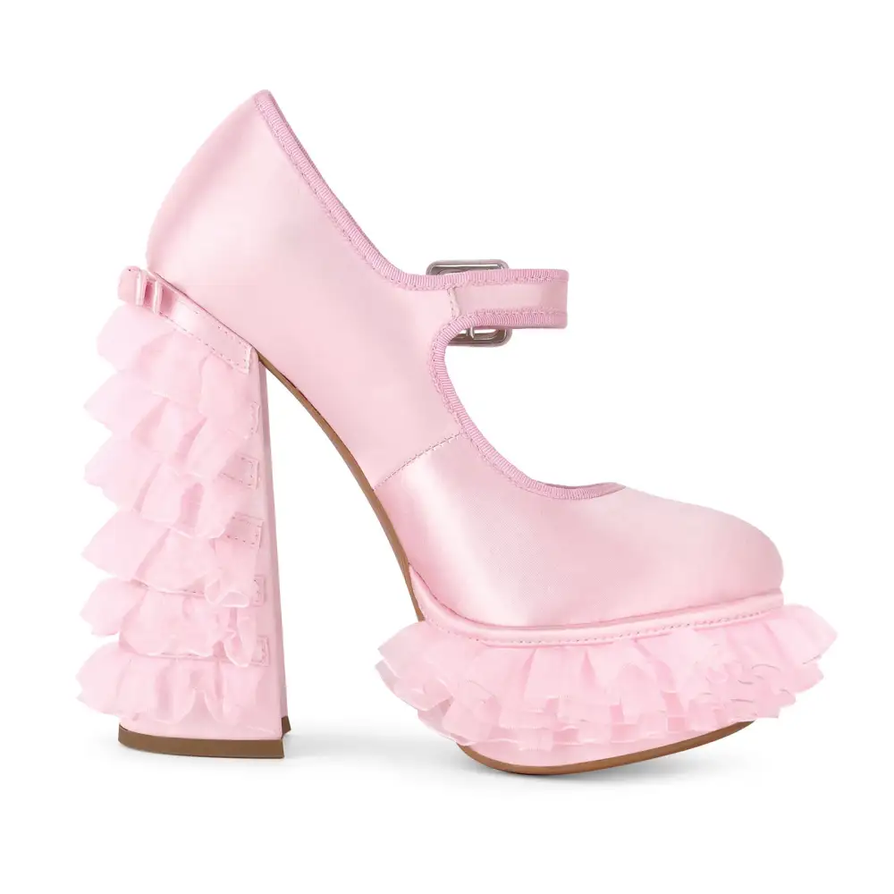 Satin Finish Lace Detail Round Toe Platform Chunky Heel Pumps