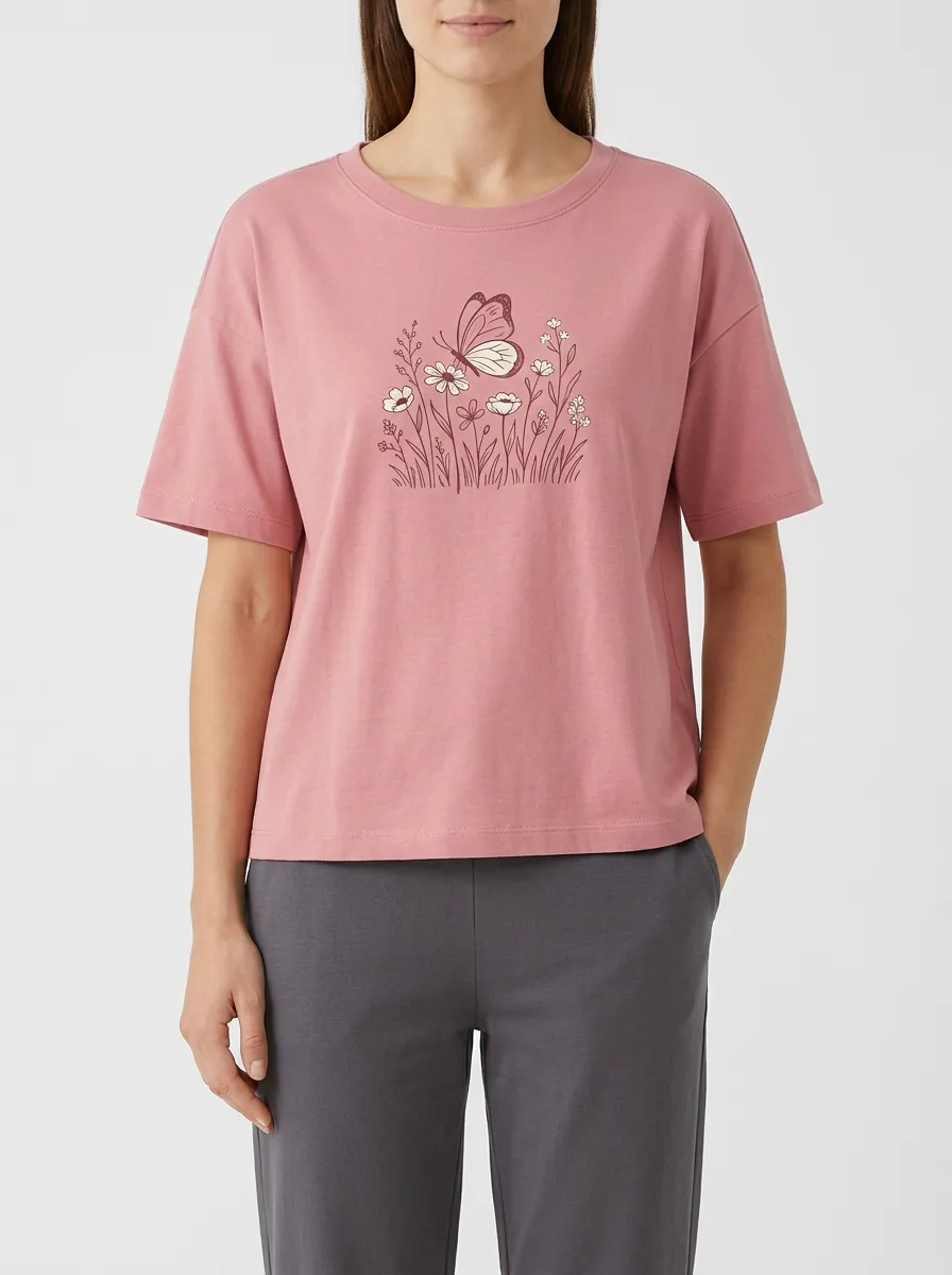 Women's Crewneck Graphic Floral Ribbed T-Shirt