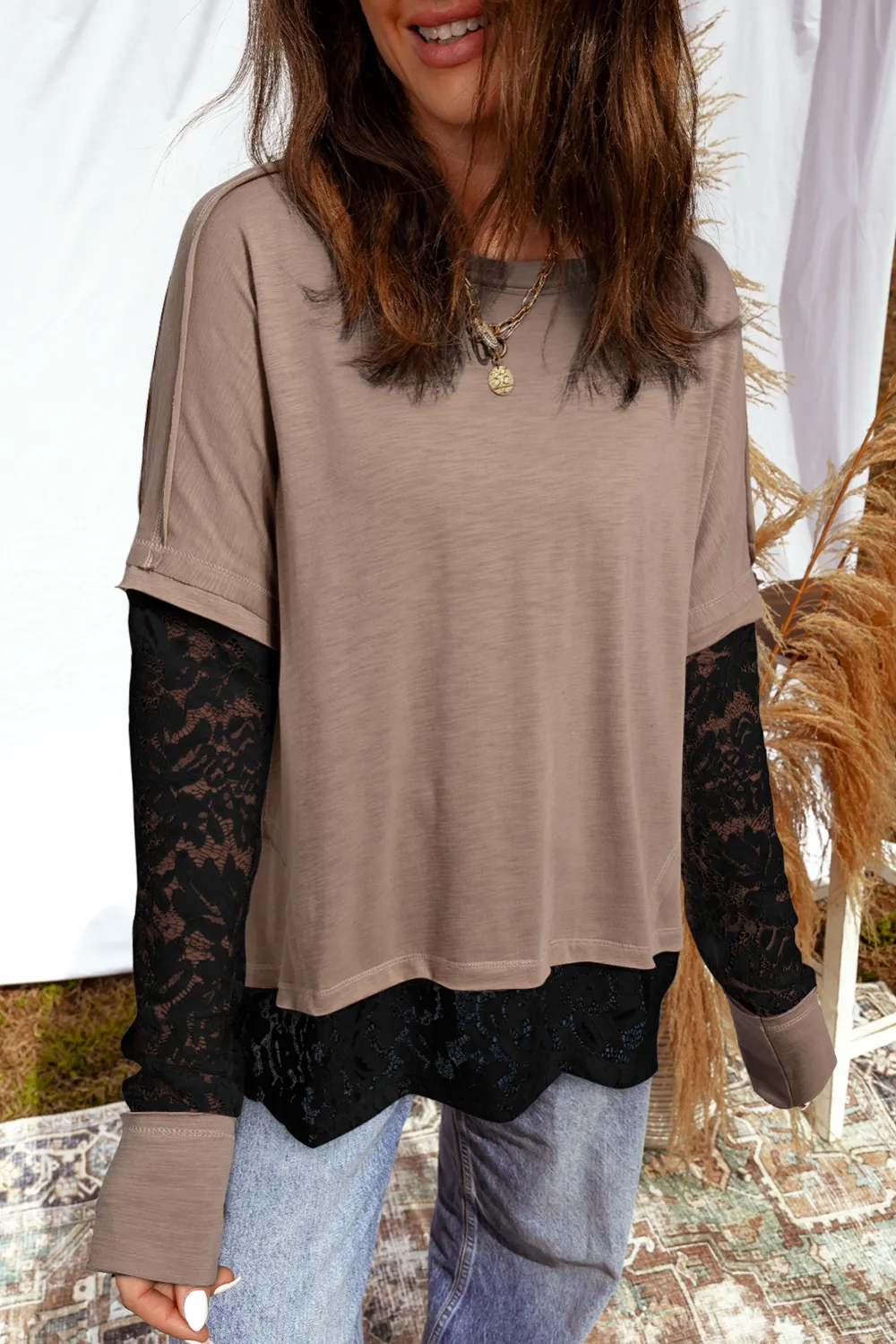 Light Beige Sheer Lace Patchwork Tee
