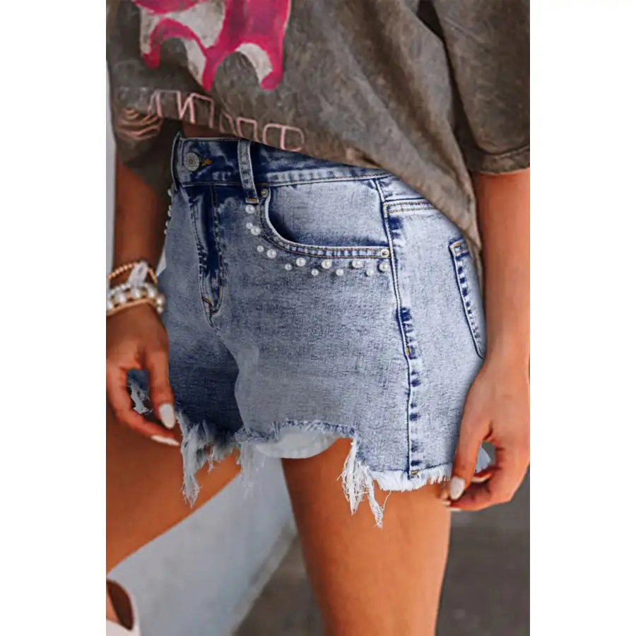 Pearl Studded Pockets Raw Hem Denim Shorts