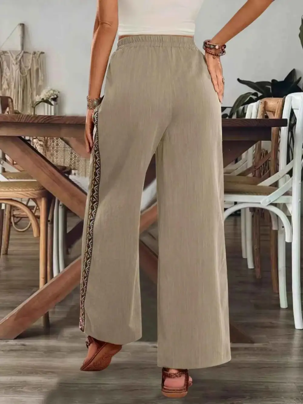 Bohemian Wide-Leg Embroidered Side Stripe Pants