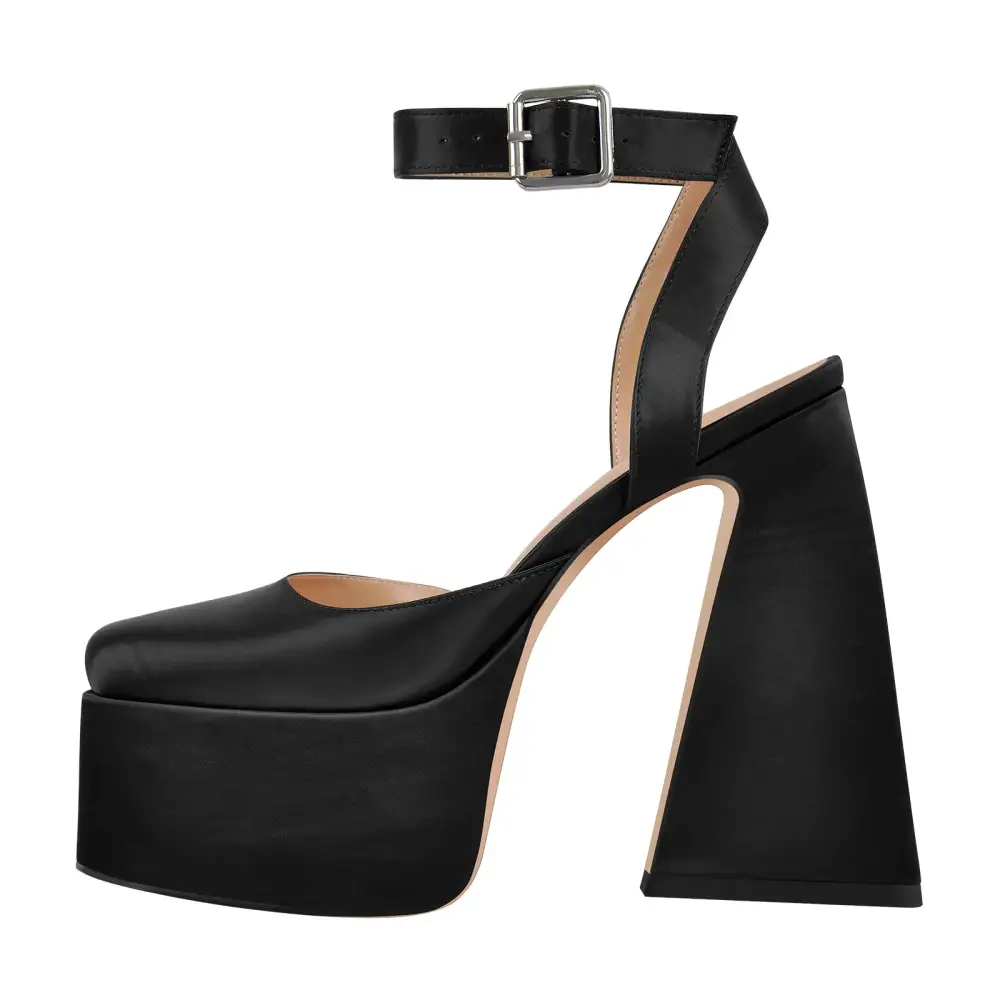 Square Toe Platform Chunky Heel Ankle Strap Pumps