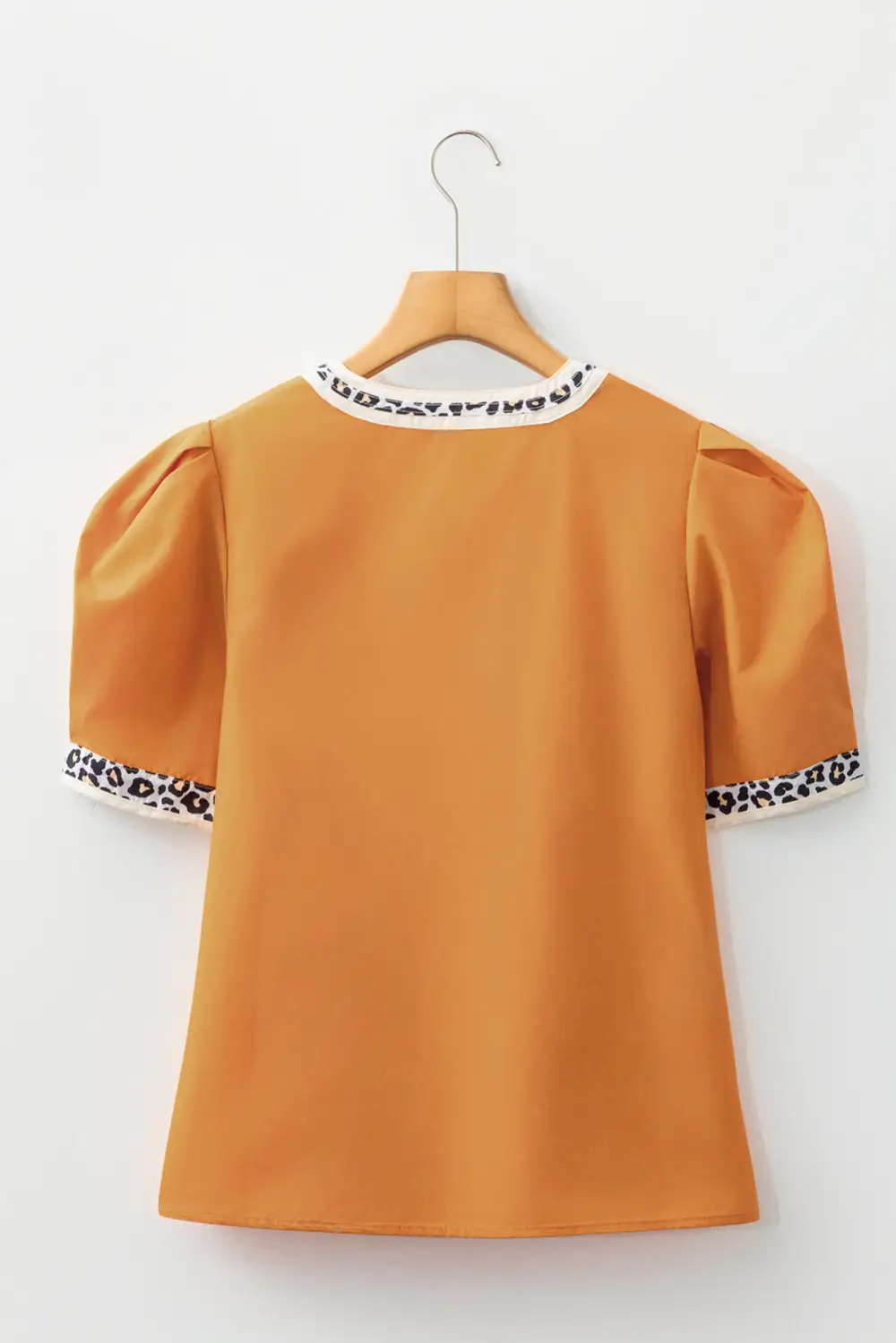 Leopard Print Puff Sleeve Split Neck Blouse