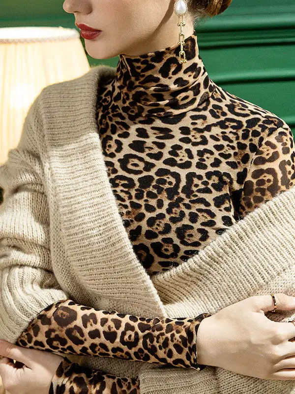 Refined Selection Long Sleeve Slim Fit Leopard Half Turtleneck T-Shirt