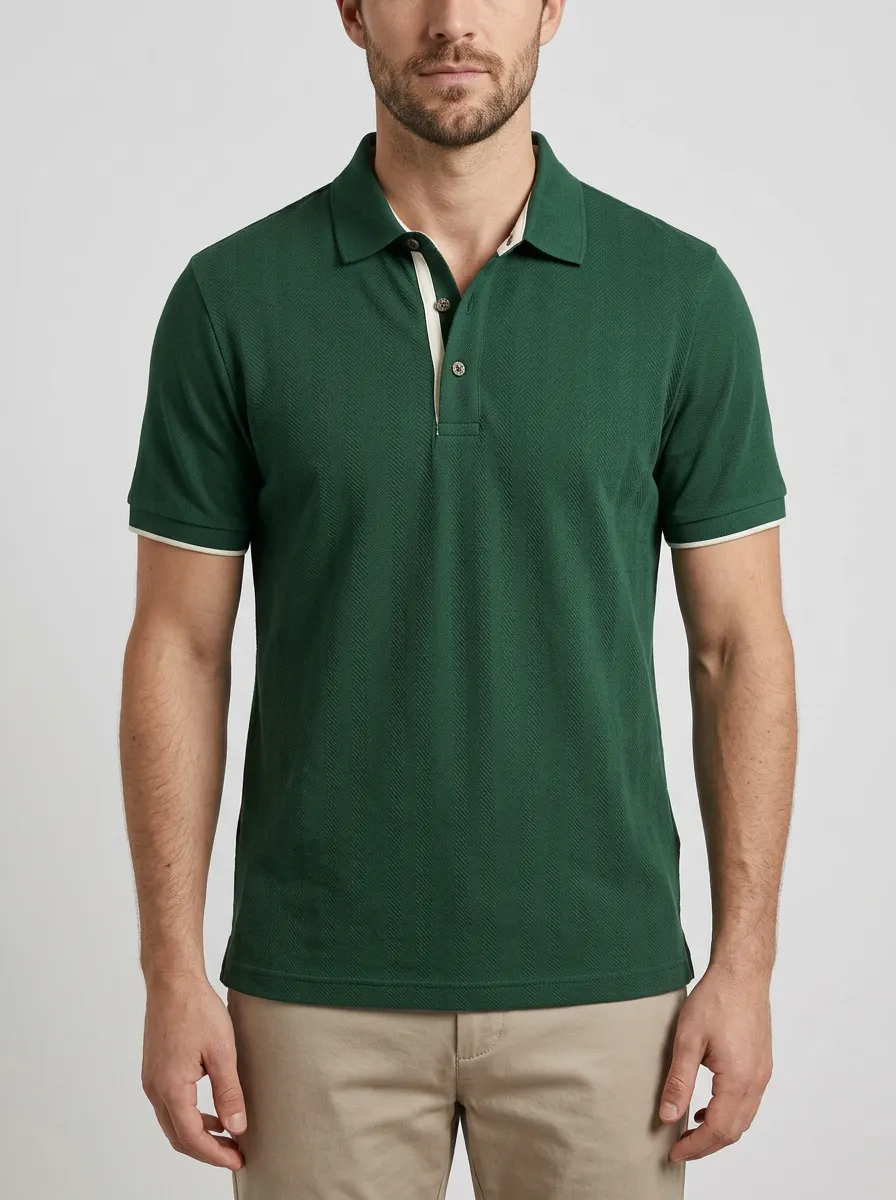 Men's Green Herringbone Pattern Contrast Trim Polo Shirt