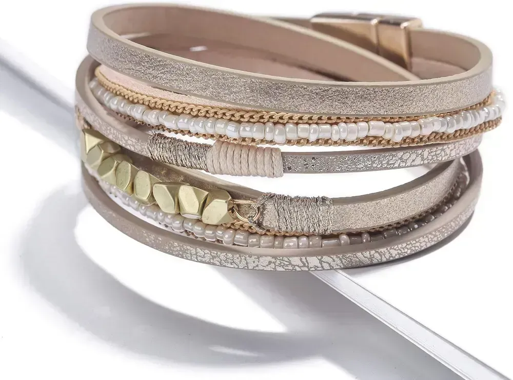 Fesciory Leather Wrap Bracelets for Women, Boho Leopard Multi-Layer Crystal Beads Cuff Bracelet Jewelry