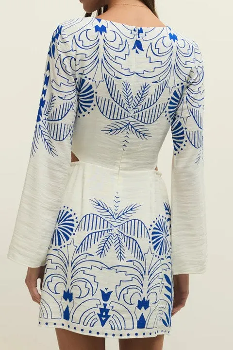 White Blue Embroidered Mini Dress