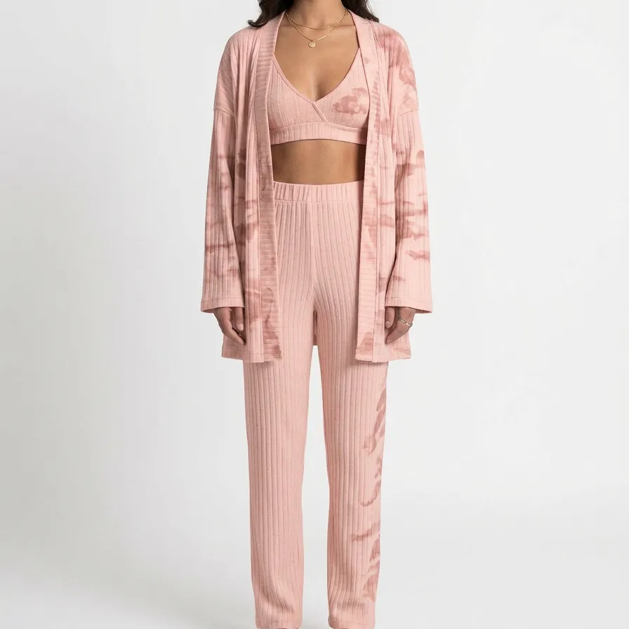 Tie Dye Ribbed Strap Detail Cardigan Lounge Set